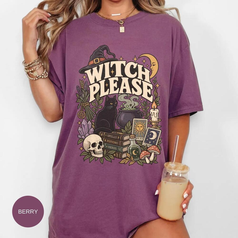 Witch Please Shirt, Black Cat Graphic Tee, Retro Cottagecore Style